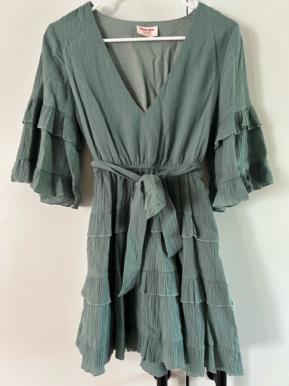 Showpo. Sage Green Tiered Ruffle Mini Dress with Waist Tie
